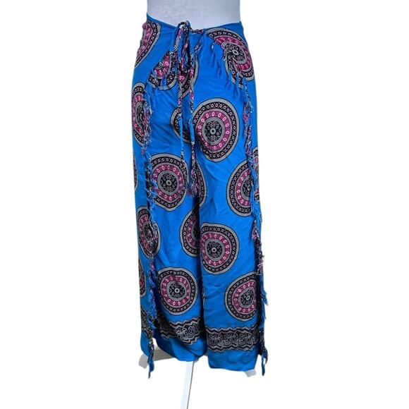Pareos In Paradise Blue Boho Patterned Wrap Pants One Size Fringe Beach Tribal - Picture 1 of 6